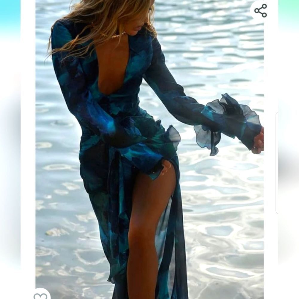 See Through Mesh Beach Dress Ruffle Perspective DressMaxi Dress Scooped Necklin